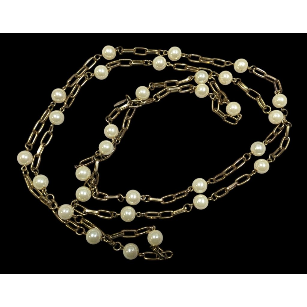 Vintage Esmor Gold Tone Faux Pearl Paperclip Chain Necklace 35$